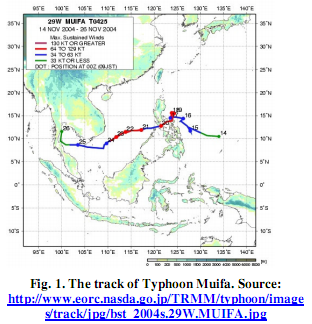 Fig. 1. The track of Typhoon Muifa. Source: http://www.eorc.nasda.go.jp/TRMM/typhoon/image s/track/jpg/bst_2004s.29W.MUIFA.jpg