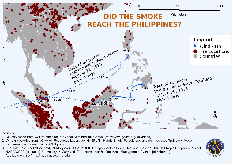 Figure 3. Air parcels that arrived in South Cotabato on June 20 (8 days from Sumatra, Indonesia, Malaysia and Borneo, Indonesia), when the haziness peak was recorded, and Metro Manila on June 22 (after 4 days from Sumatra, Indonesia) came from the area where the forest fires were detected by NASA.
