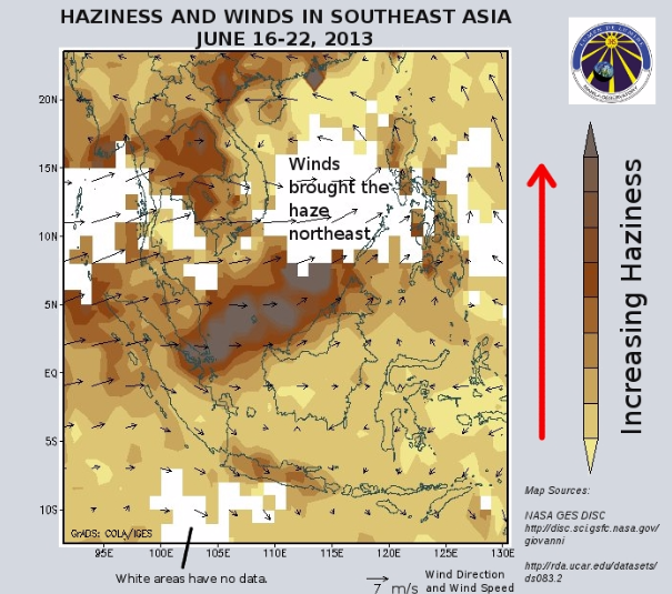 Figure 1. Haziness was highest in Singapore and Malaysia for the week of June 16-22, 2013. This haze was transported by winds northeast towards the ocean, Malaysia, Brunei, Indonesia and the Philippines.