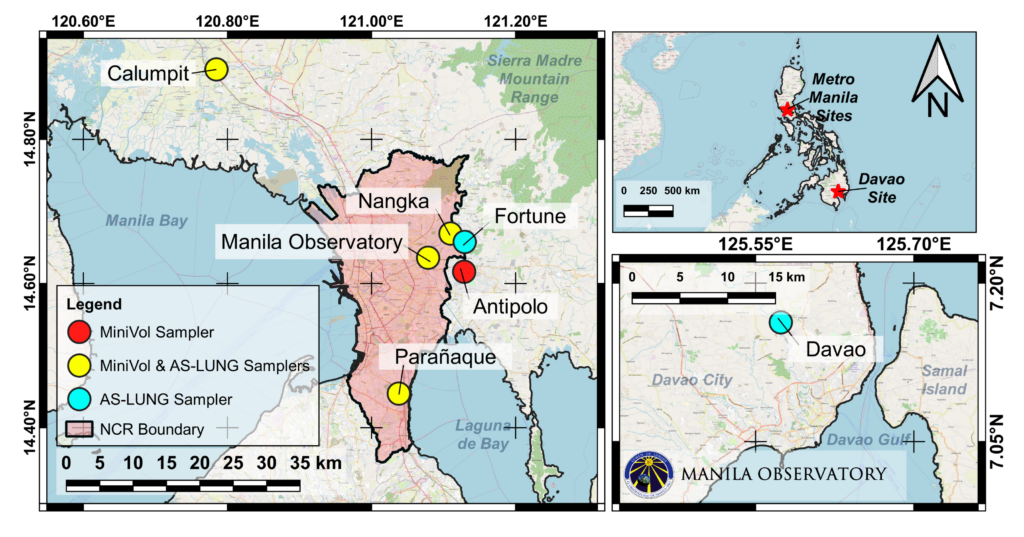 Figure 1. Five MiniVol sampling sites in (1) Calumpit, Bulacan; (2) Nangka, Marikina; (3) Manila Observatory, Quezon City; (4) Mambugan, Antipolo, and (5) BF Homes, Parañaque. Six AS-LUNG personal sampling sites in (1) Calumpit; (2) Nangka; (3) Fortune; (4) Manila Observatory; (5) Parañaque; and (5) Buhangin, Davao City.